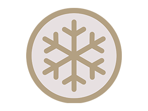 Trois icônes circulaires dorées en forme de flocon de neige disposées horizontalement, représentant probablement des fonctions de refroidissement ou de régulation de la température.
