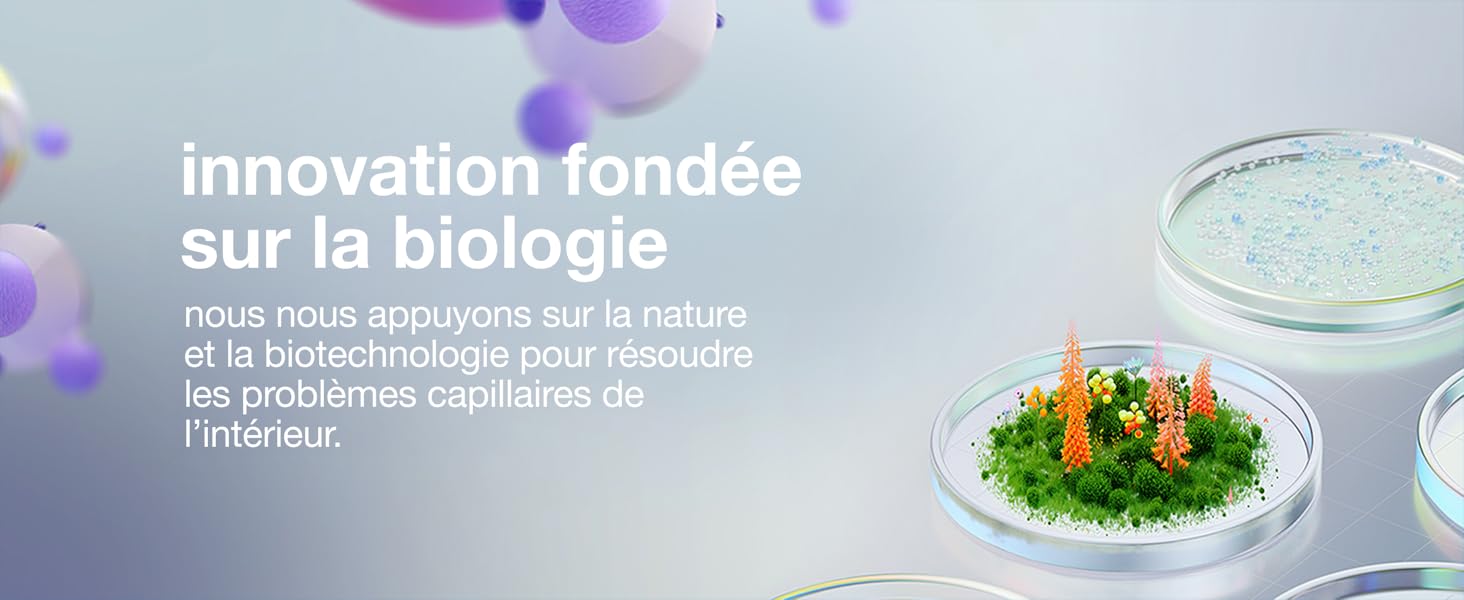 Le texte se lit comme suit : « innovation fondée sur la biologie ». Cadre de laboratoire présentant du matériel scientifique contenant du matériel végétal vert dans une boîte de Pétri ou un récipient.