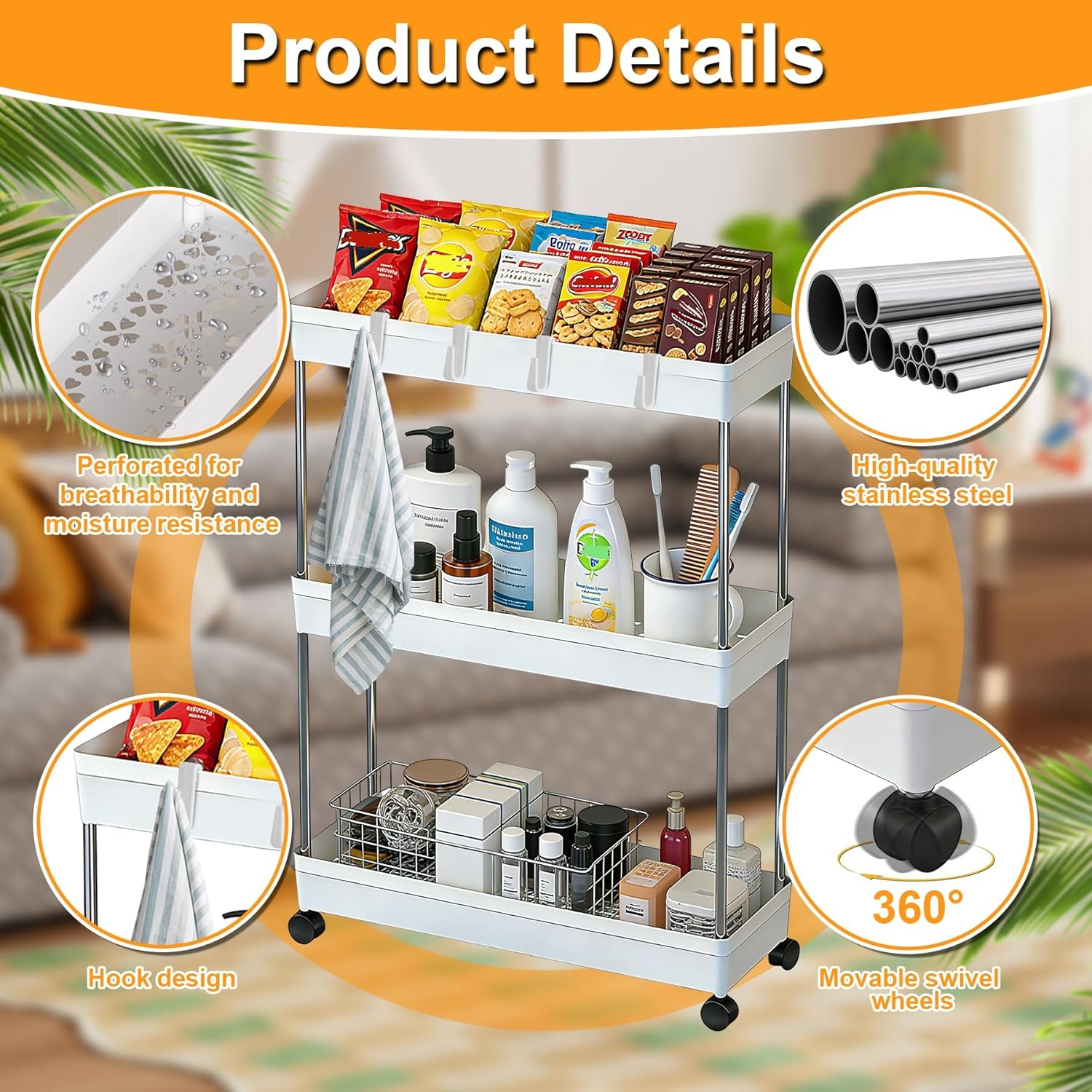 Chariot de rangement 3 niveaux - étagère mobile blanche - cuisine et salle de bain - roulettes robustes - 40x22x86cm