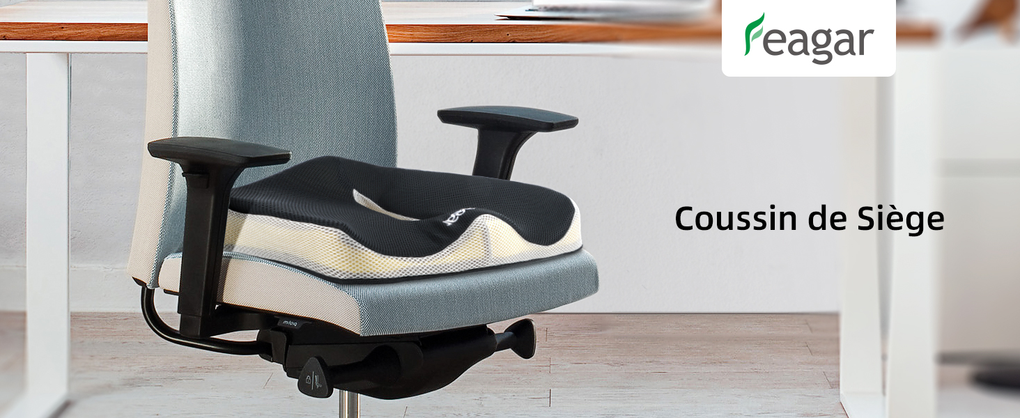 pour chaises de bureau. Housse en tissu gris avec forme profilée pour le soutien lombaire. Nom du produit « Feagar » visible.