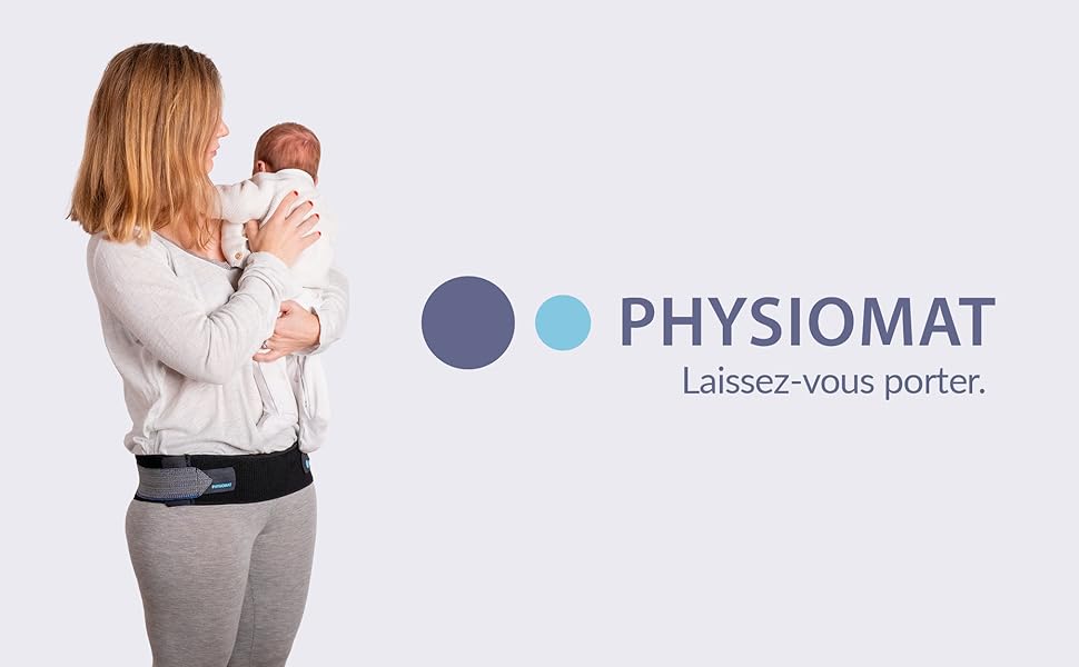 porté par une personne en tenue grise, tenant un nourrisson dans ses bras. Logo et texte « Physiomat Laissez-vous porter