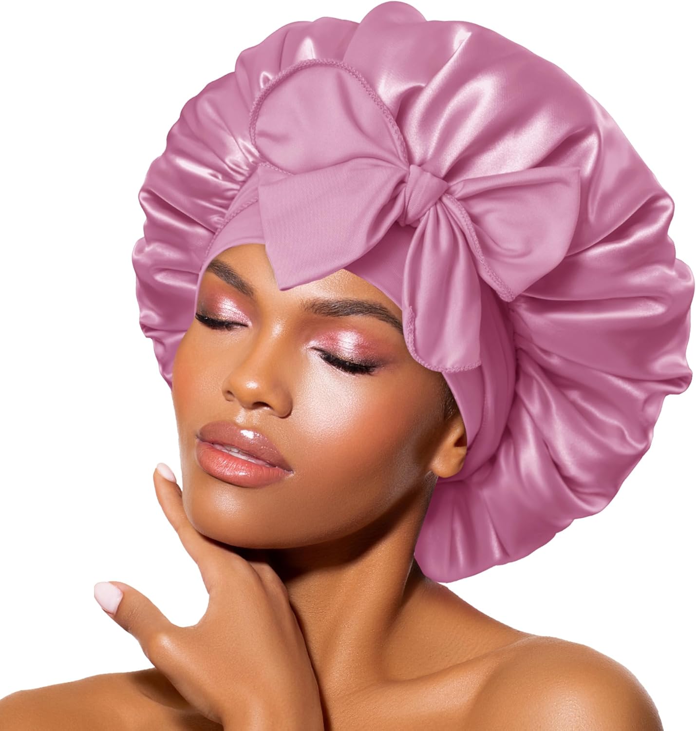 BONNET QUEEN - bonnet satin nuit ajustable - moyen - cheveux bouclés, or rose