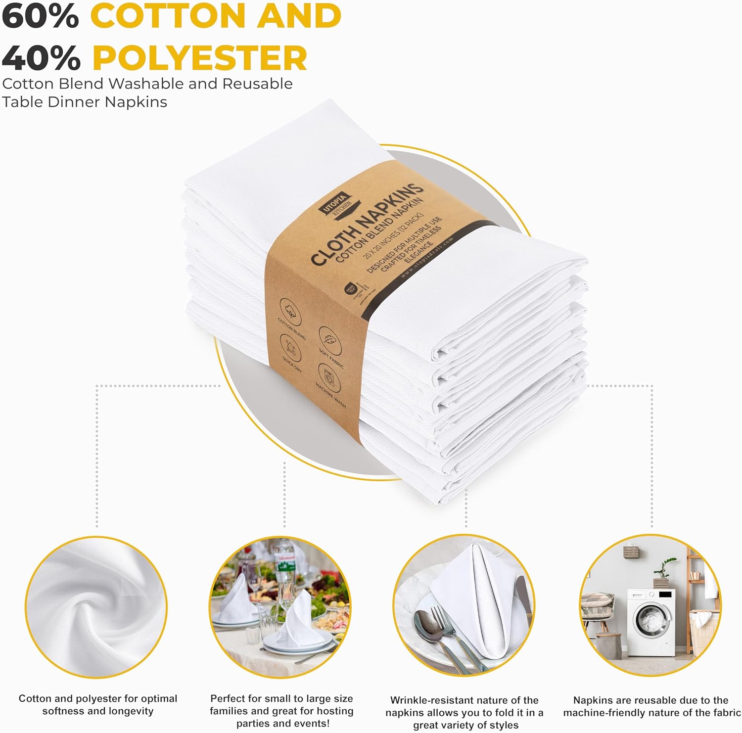 Utopia Kitchen - serviettes de table - 50x50 cm - coton mélangé, lavables, lot de 12