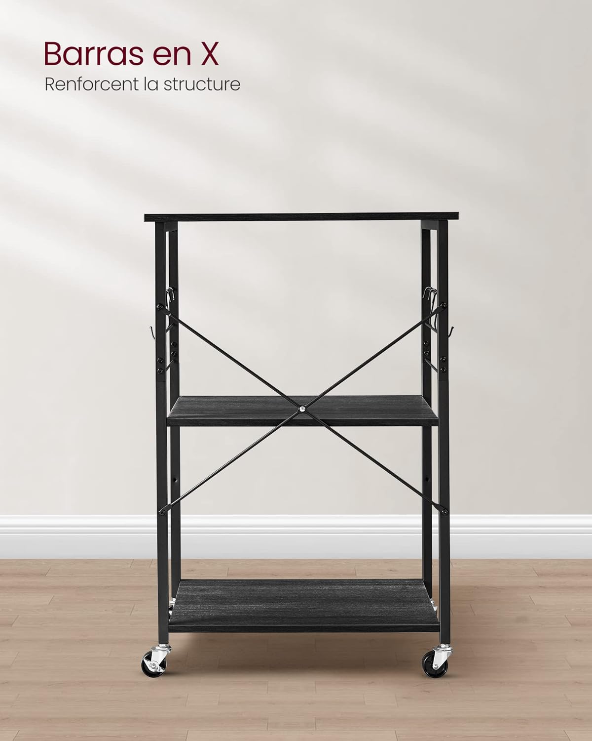 VASAGLE - étagère de cuisine, 3 niveaux, 40x60x89 cm, roulettes, 6 crochets, KKS060B42