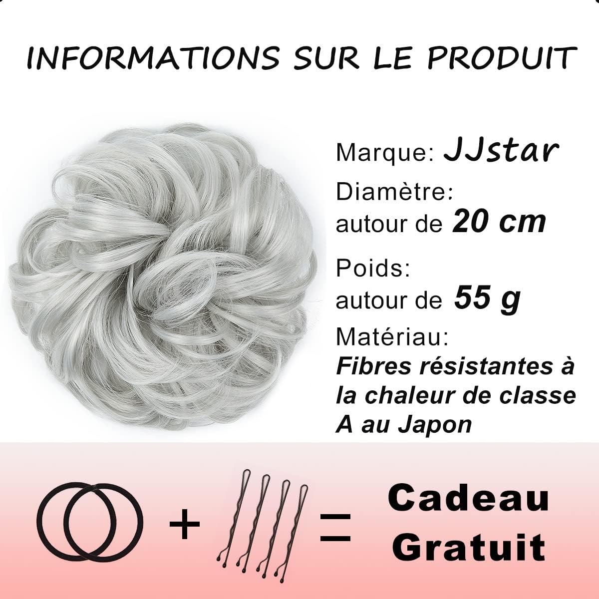 JJstar - Chignon postiche bouclé, élastique, gris argenté, cheveux naturels