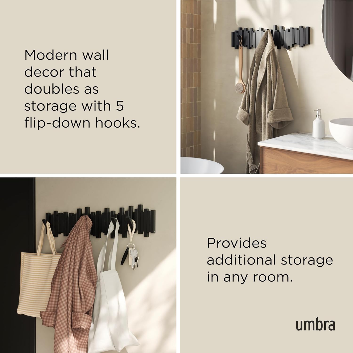 Umbra - Sticks - porte-manteau mural 8 crochets, design noir, compact