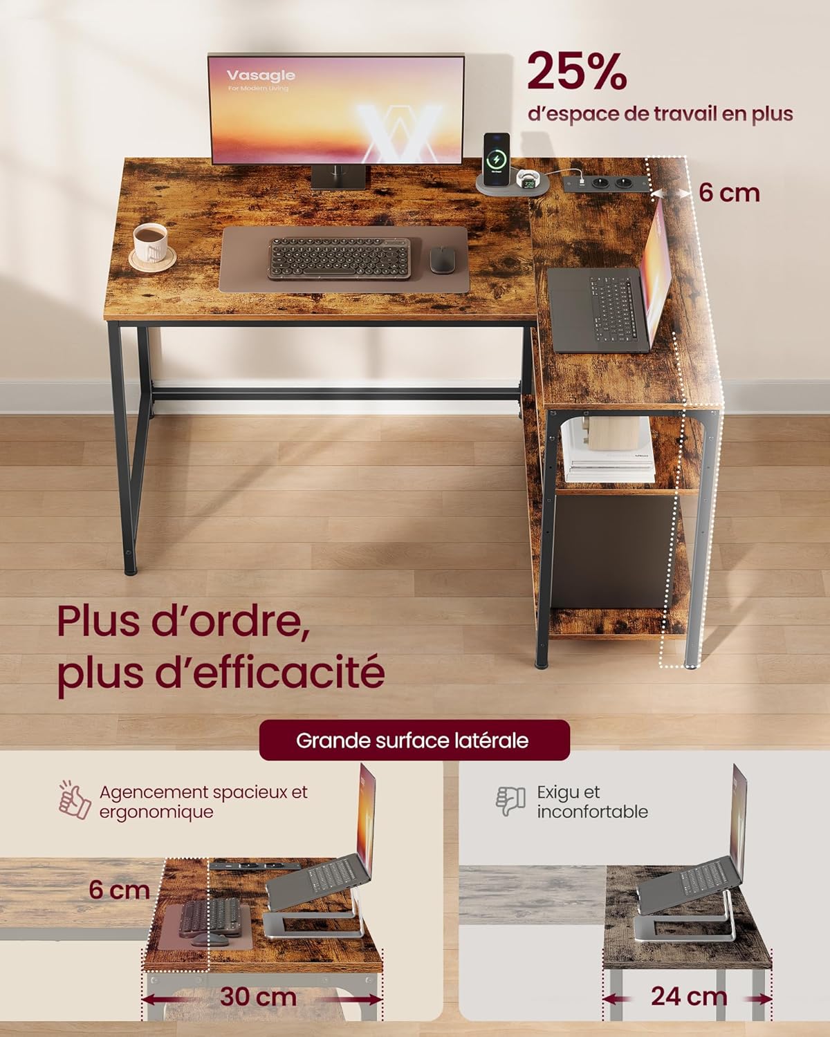 VASAGLE - Bureau en L, 110x80 cm, étagères réglables, ports USB, LWD131KD01