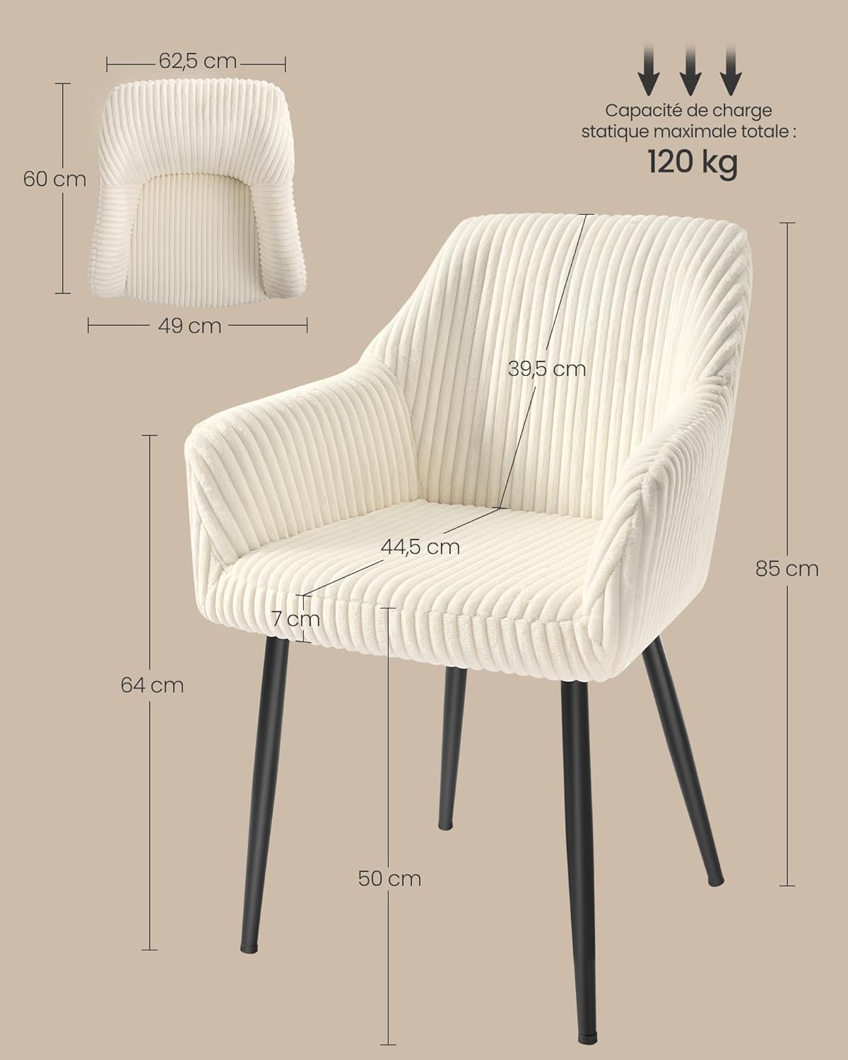 SONGMICS - chaises velours salle à manger, accoudoirs, 120kg, LDC087WD01-2J