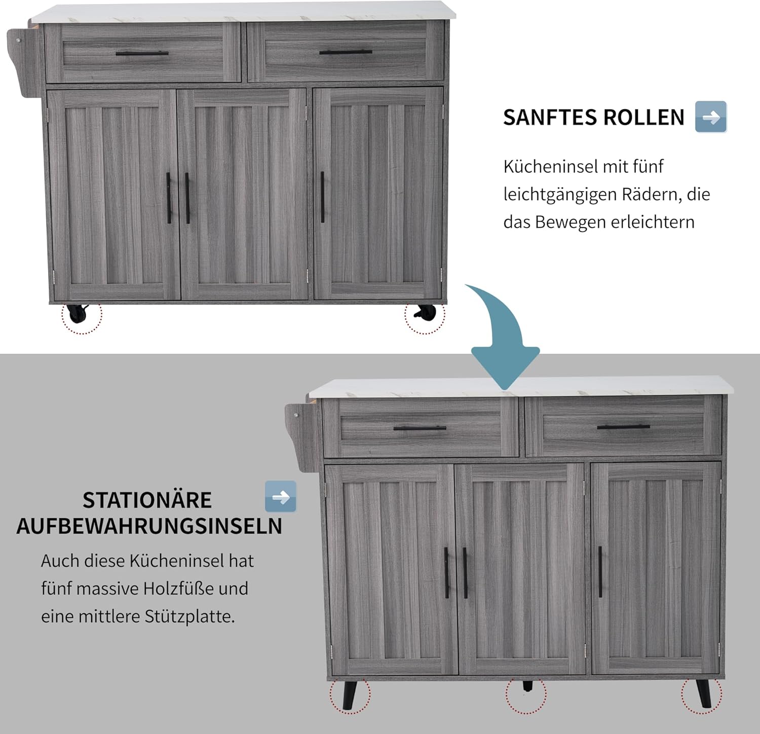 Desserte îlot de cuisine - plans rabattables, 2 tiroirs, 3 casiers - 129x71x91,5cm - gris