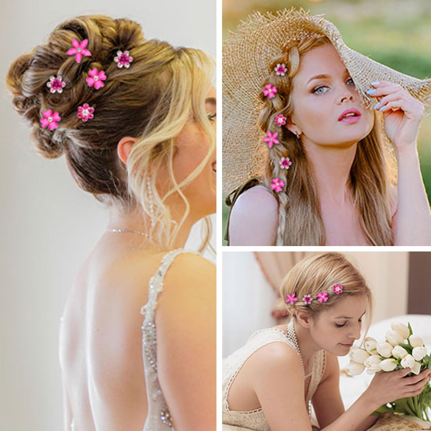 Pinces à cheveux - lot de 20 - mini strass fleurs, métal, mariage