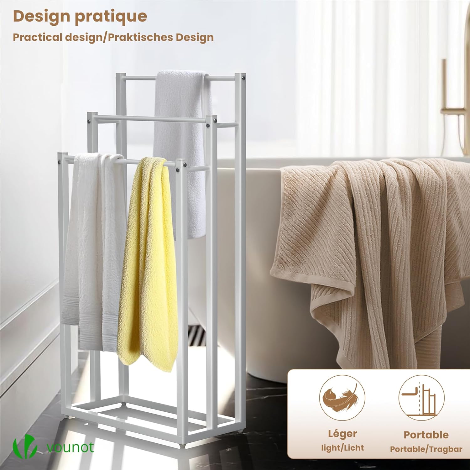 VOUNOT - porte-serviettes 3 niveaux métal - rangement stable 85x50 cm - blanc