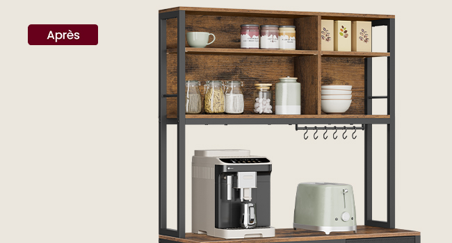 avec structure en métal, présentant une cafetière, un grille-pain et divers bocaux de rangement en verre