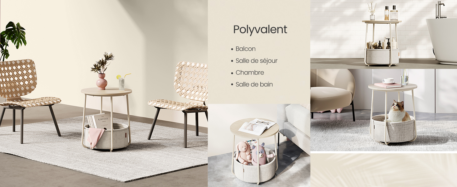 en tissu beige. Les caractéristiques incluent un design léger et pliable et un espace de rangement supplémentaire. Présenté dans différents décors de salon.