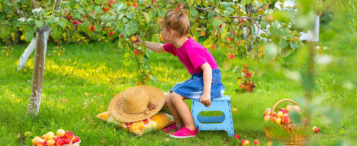 Enfant en chemise rose et short bleu cueillant des pommes dans un verger. Escabeau bleu et chapeau de paille visibles sur le sol gazonné sous