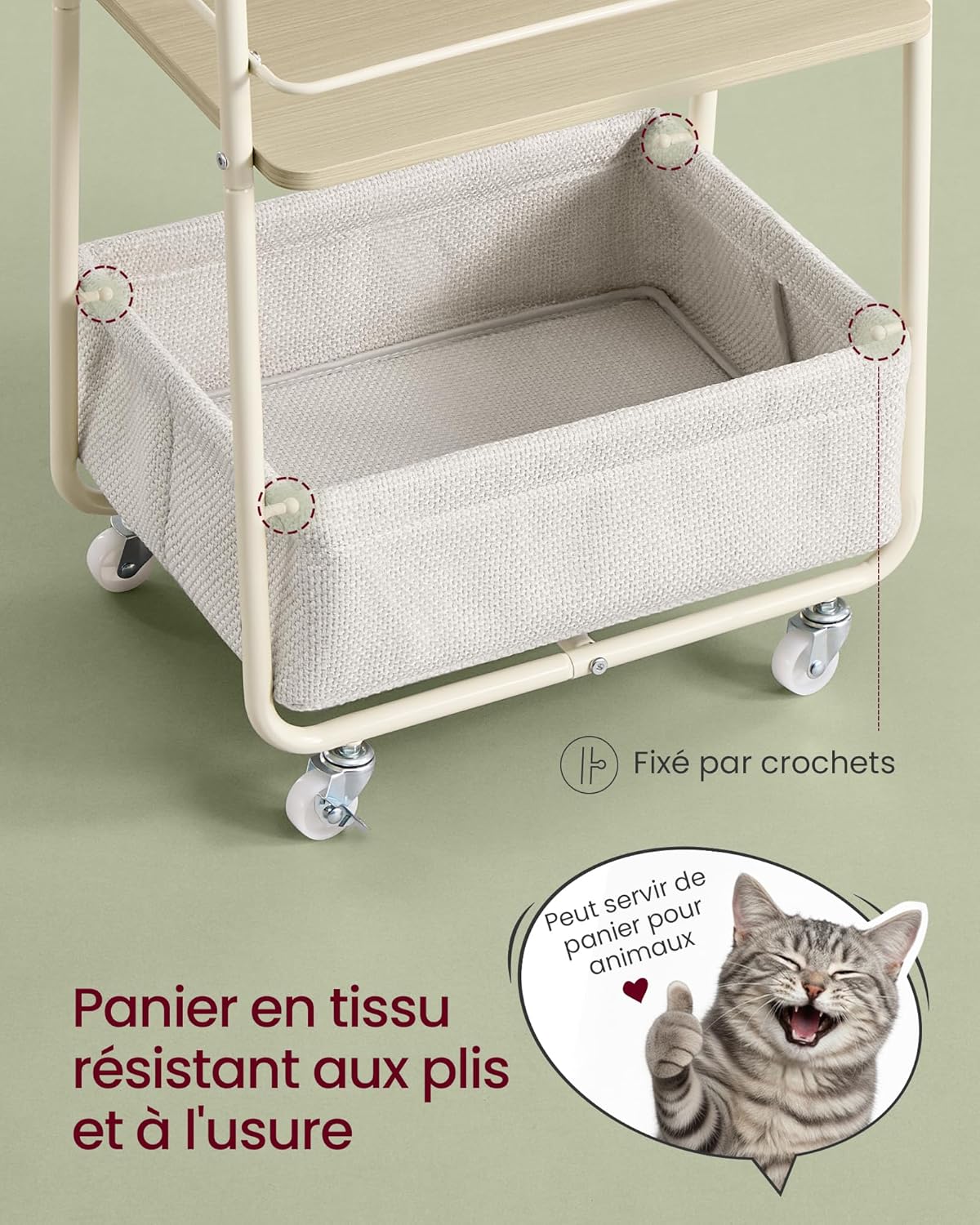 VASAGLE - LILEA Collection - chariot 3 niveaux, étagères tissu, beige/blanc, LRC001LL02