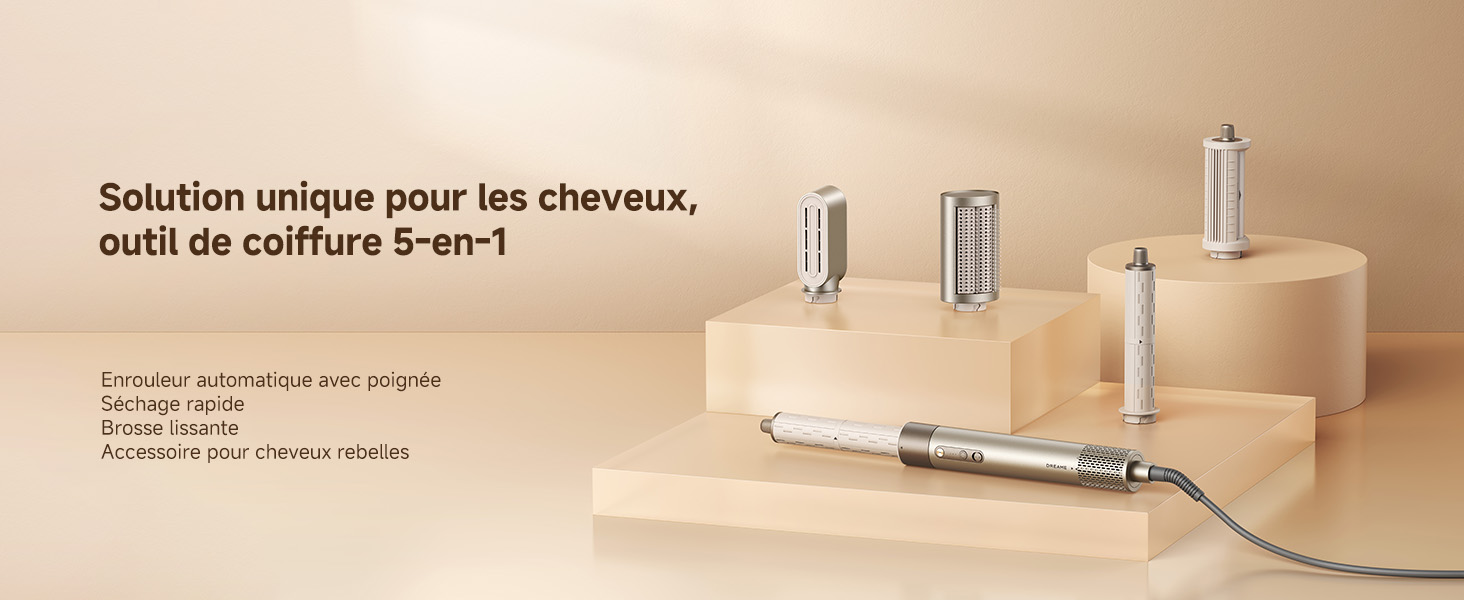 Le texte indique « Solution unique pour les chevaux » et « Guide de coiffure 4 en 1 ». Interface de l'outil de coiffure avec commandes de température et affichage des paramètres.