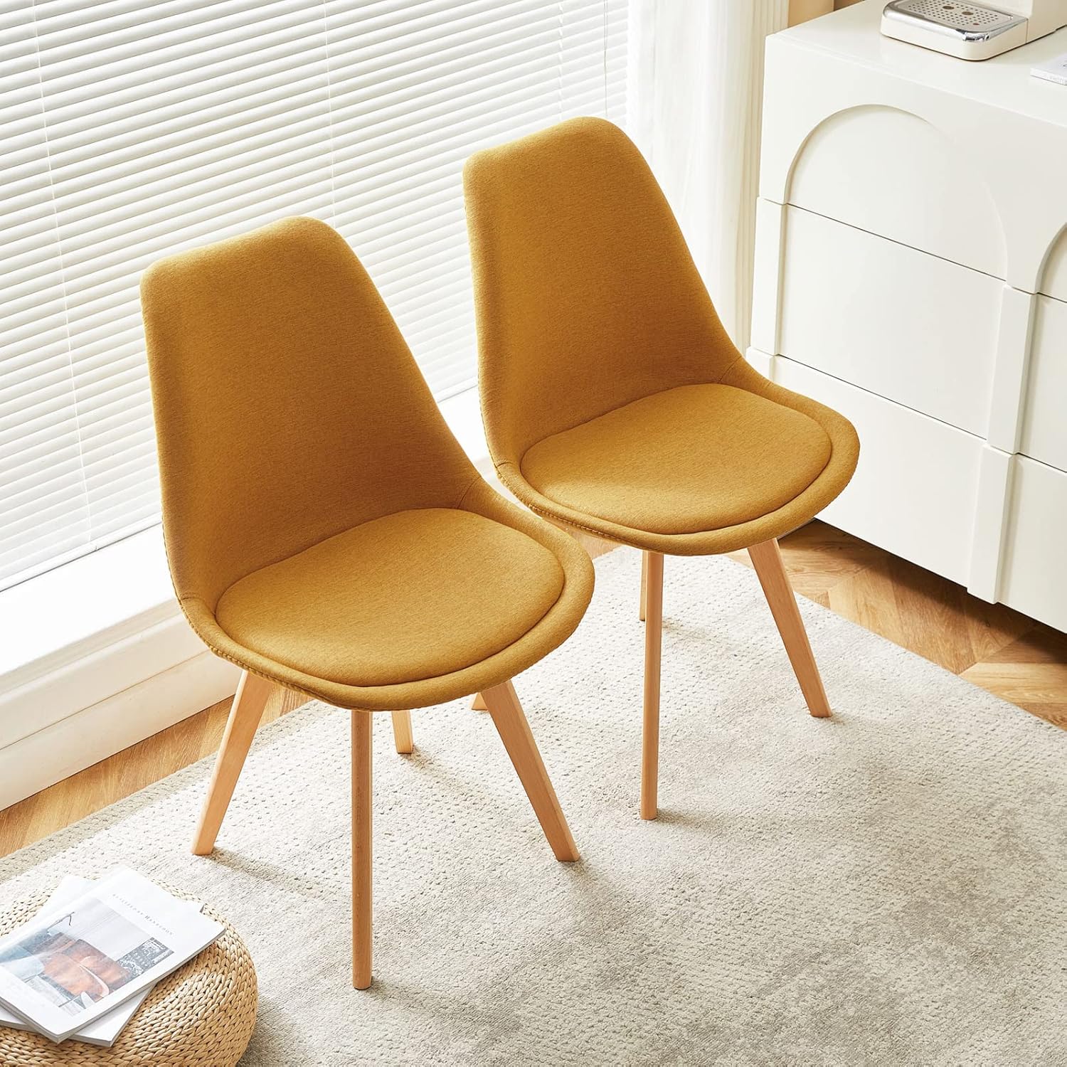 EGGREE - chaise scandinave lot de 4 - tissu/lin jaune - bois hêtre, rembourrée, testée SGS