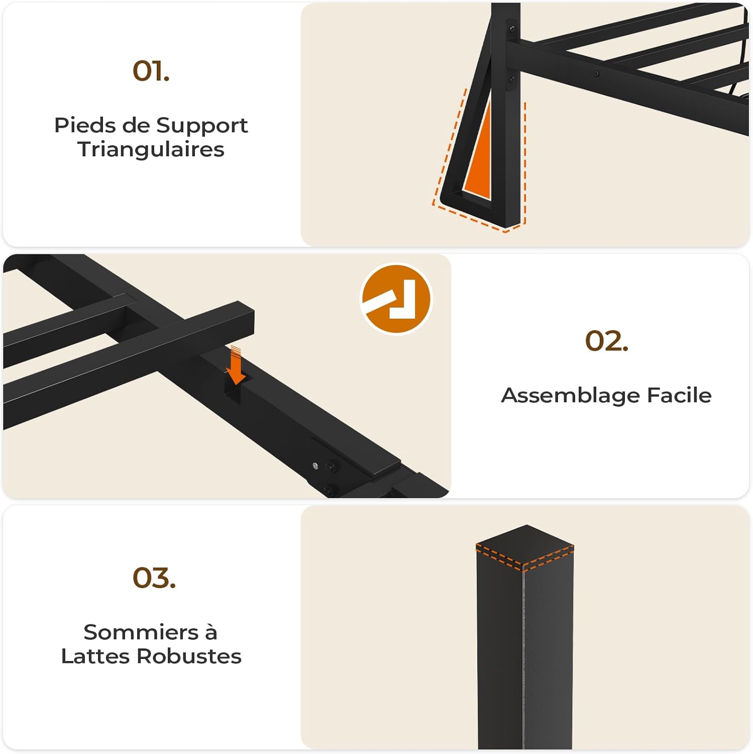 DICTAC - Lit métal LED, 90x200 cm, tête LED, ports USB, rangement