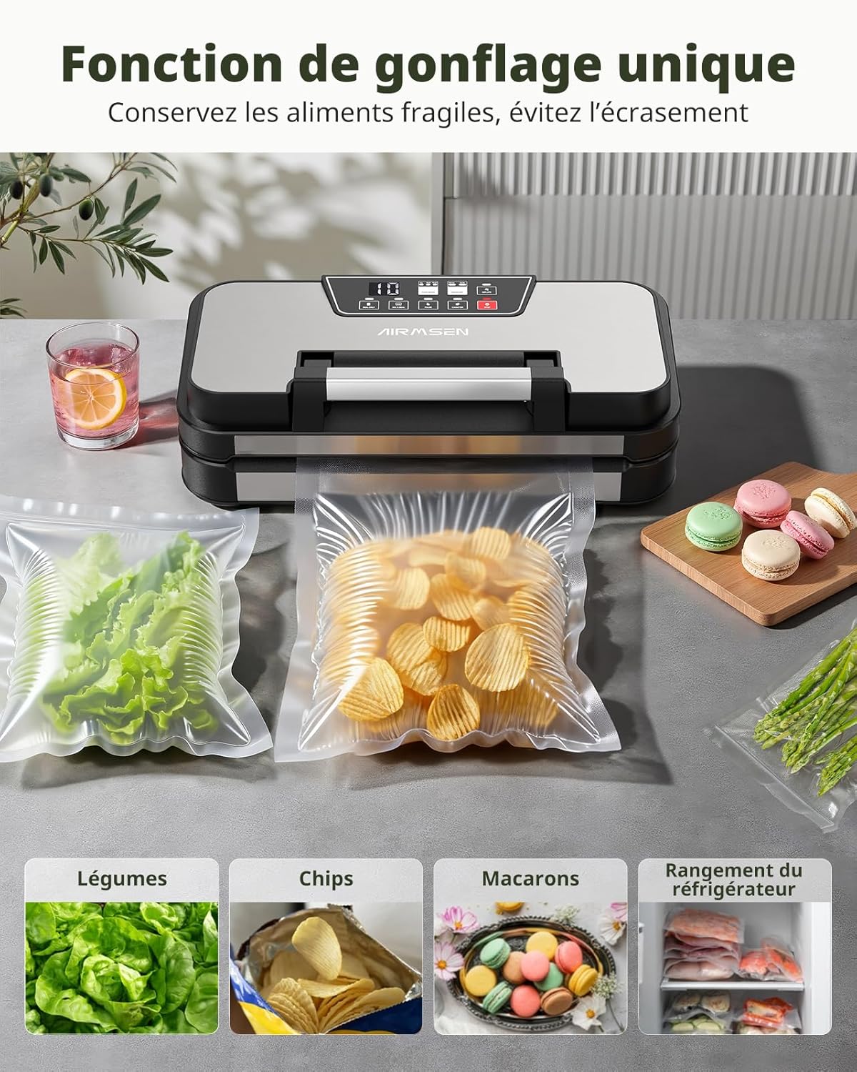AIRMSEN - machine sous vide double scellage 30 cm, modes sec/humide, coupe-sac intégré, 95kPa