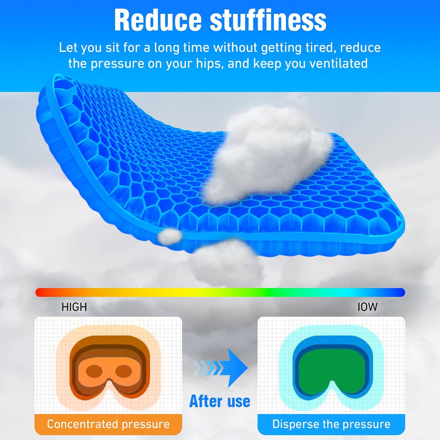 Vmingo - coussin de gel série orthopédique - housse antidérapant, soulage pression, bleu foncé, 45x35cm