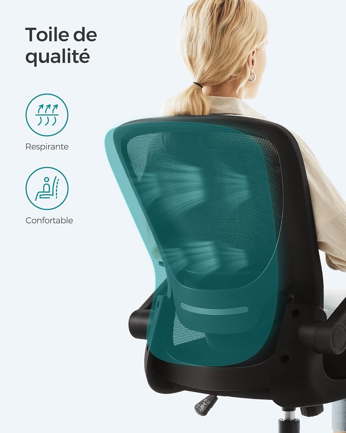 SONGMICS - chaise bureau ergonomique - 53 cm - tissu maille, support lombaire, accoudoirs rabattables OBN37BK