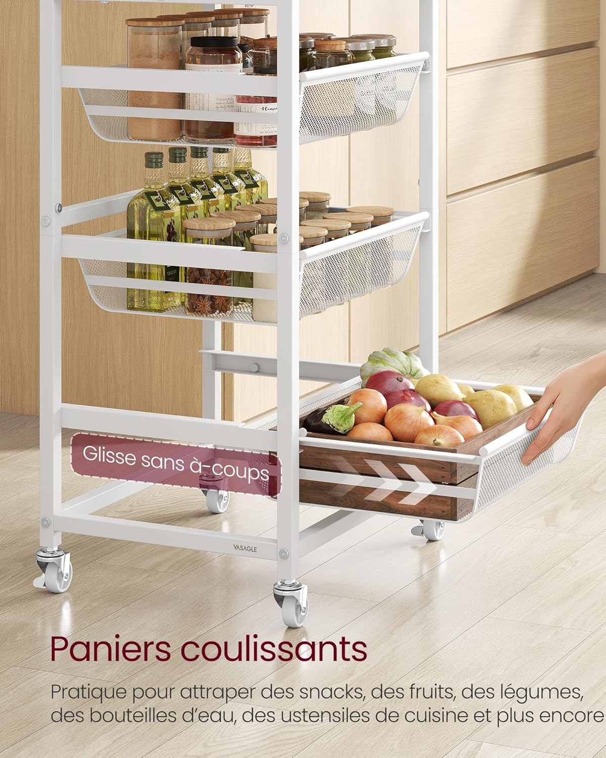 VASAGLE - chariot de rangement à 5 niveaux, 31,7x40x95cm, paniers extractibles, roulettes, poignée, LRC041YA01