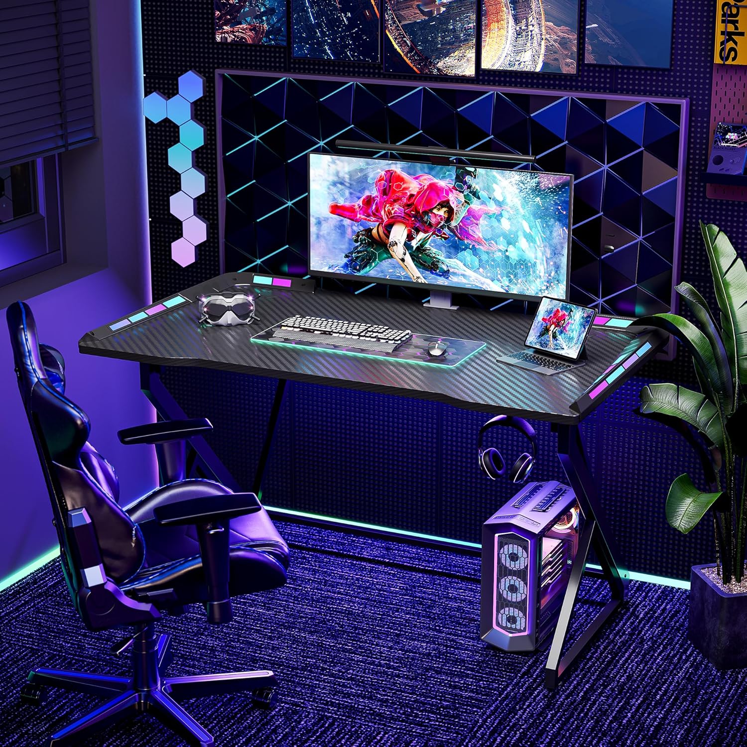 BEXEVUE - Armor - 120x50 cm - bureau gaming LED RGB, cadre Z, crochet casque