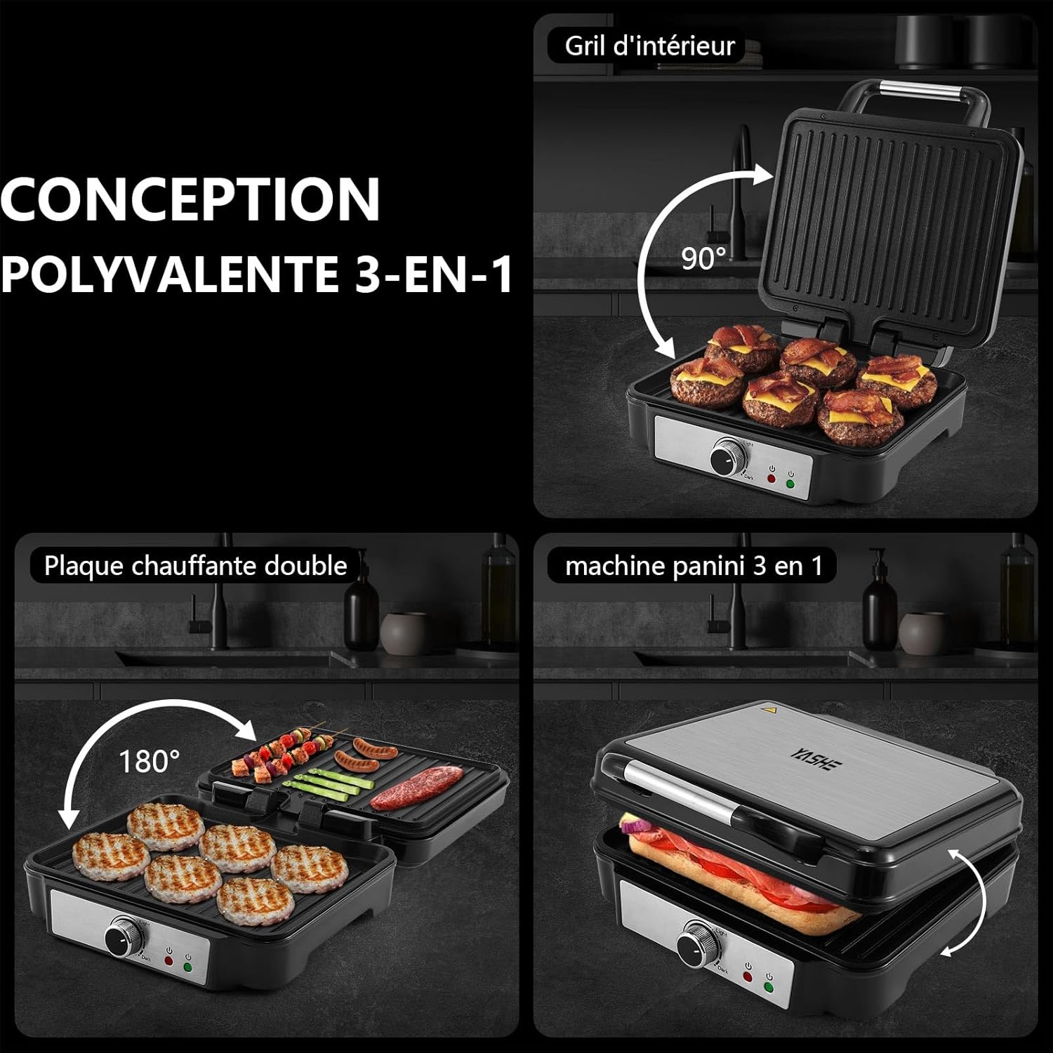 YASHE - Grille Électrique 4 tranches, 1800W, plaques antiadhésives, contrôle température, ouverture 180°