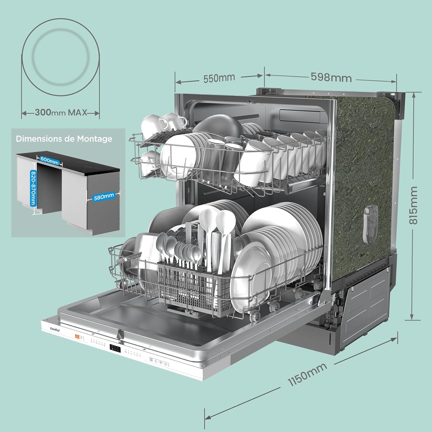 COMFEE' - Lave-vaisselle série Cloud Wash - 12 couverts, démarrage différé, séchage supplémentaire, encastrable - CDWPB1