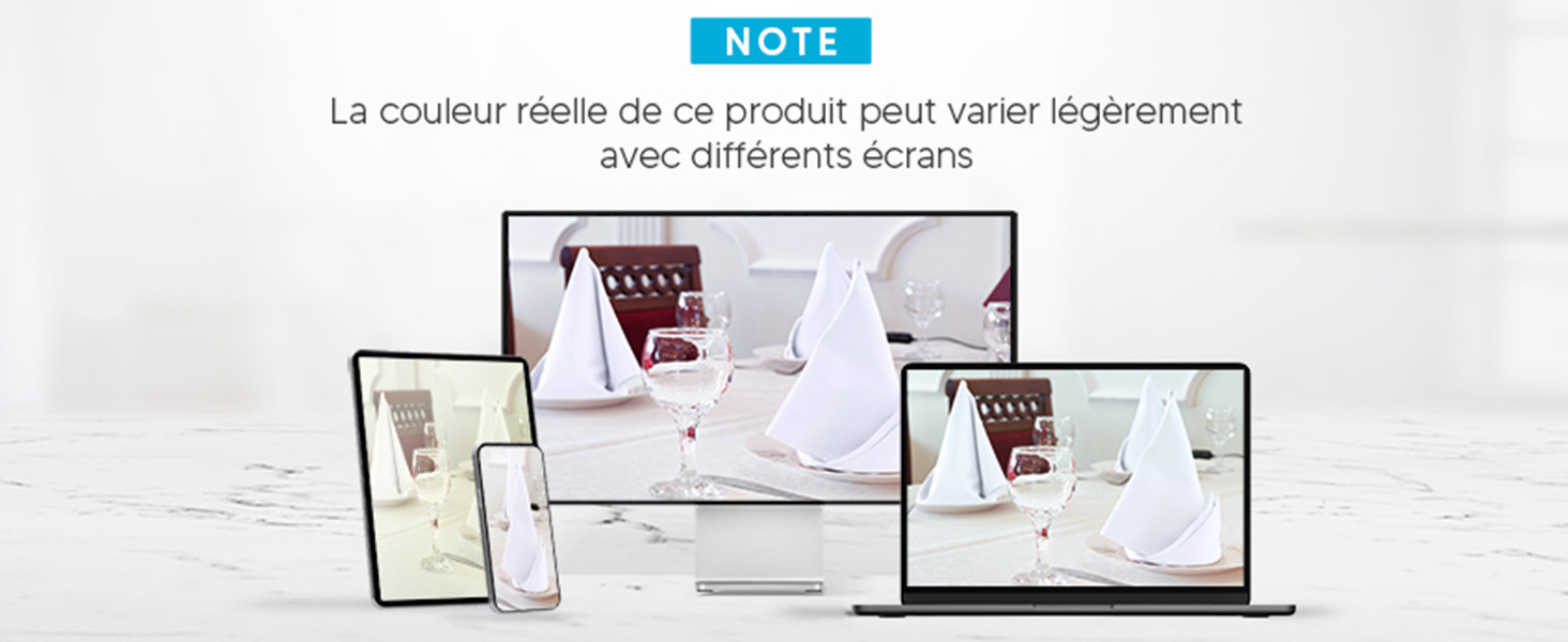 Plusieurs appareils électroniques affichant des robes de mariée blanches sur fond clair. Remarque en français concernant les variations de couleurs potentielles entre les différents écrans.