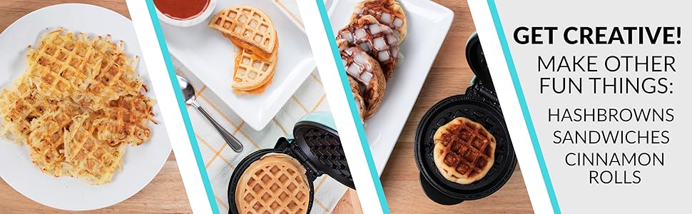 Le texte indique « SOYEZ CRÉATIF ». Vue aérienne de gaufres et de plats pour le petit-déjeuner disposés sur une surface lumineuse avec des ustensiles.