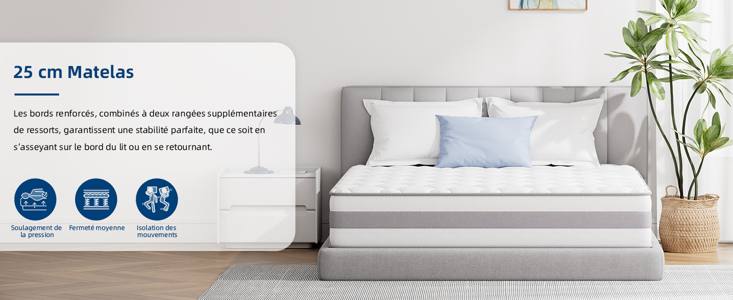 un matelas avec un cadre blanc et une lampe bleue sur une table blanche.