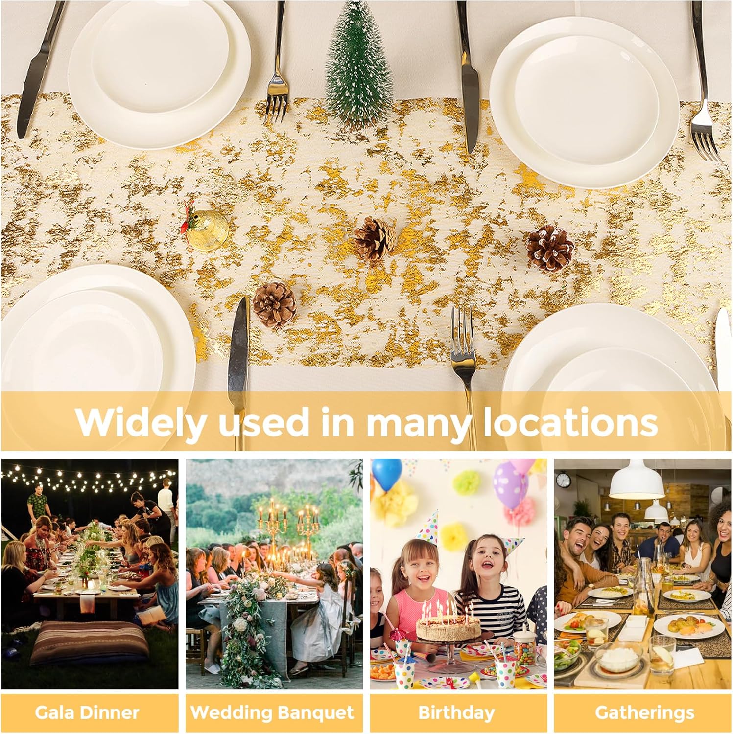 Chemin de table polyester filet doré, 28x1000cm, décoration festive