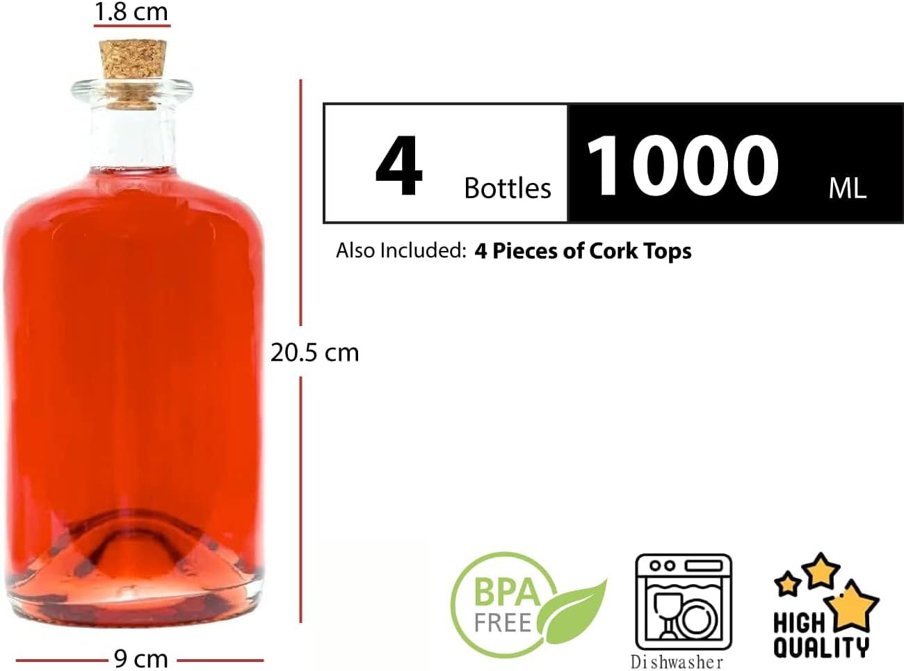 Bouteilles en verre - lot de 4 - 1000 ml - formats variés, usage pharmacie