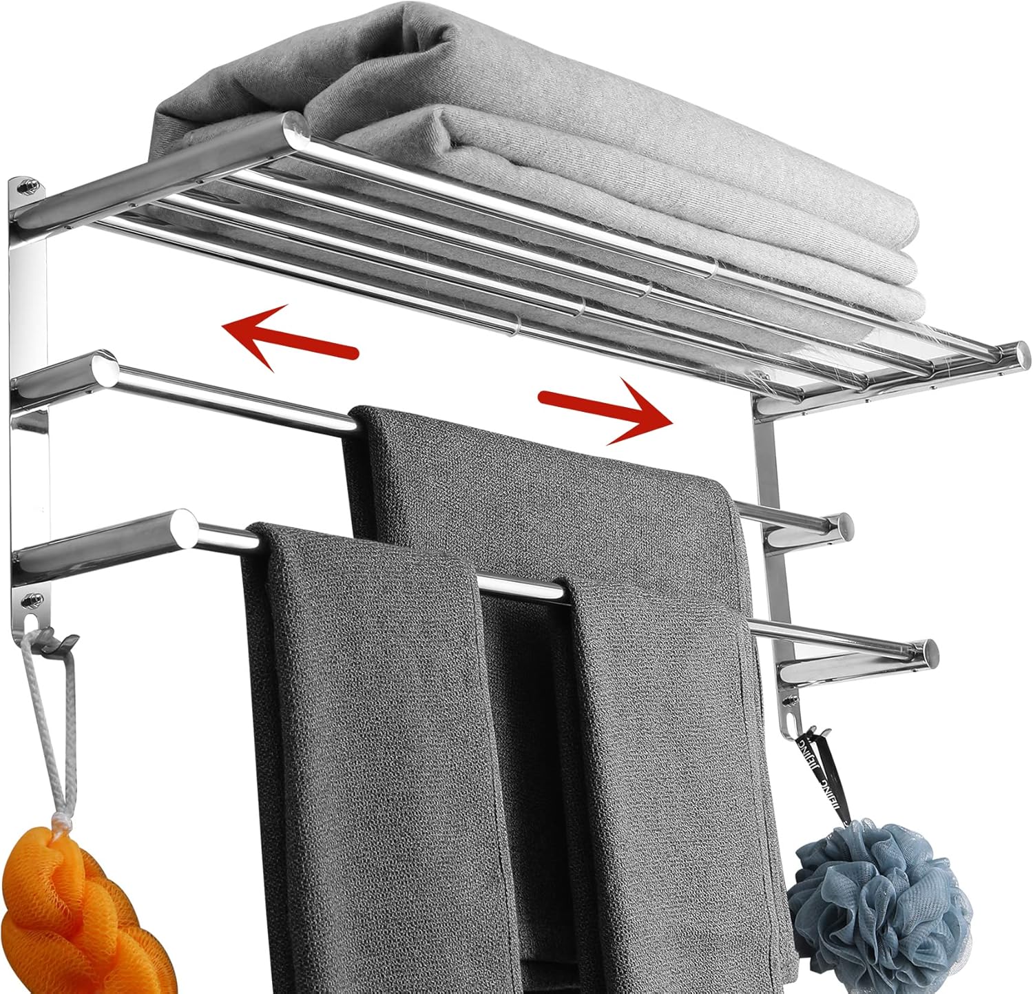 Porte-serviettes mural rétractable, inox, sans perçage, 2 niveaux, 50cm