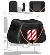 Housse de protection noire pour porte-vélos arrière avec bandes réfléchissantes rouges et blanches. Comprend un sac de rangement et un cordon élastique. La housse est dotée de bretelles contrastantes oranges et d'une coupe ajustable.