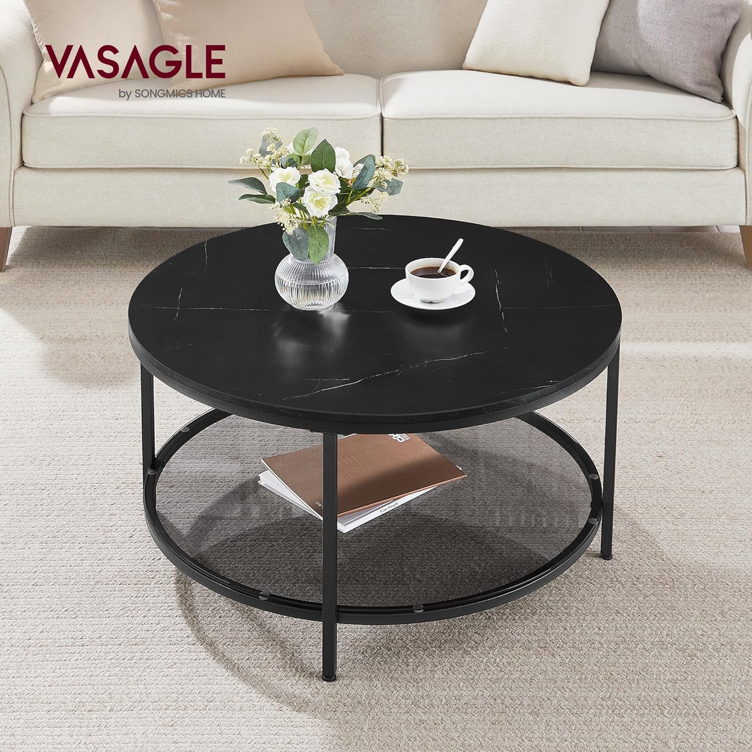 VASAGLE - table basse marbre, verre trempé, montage facile, LCT071B58