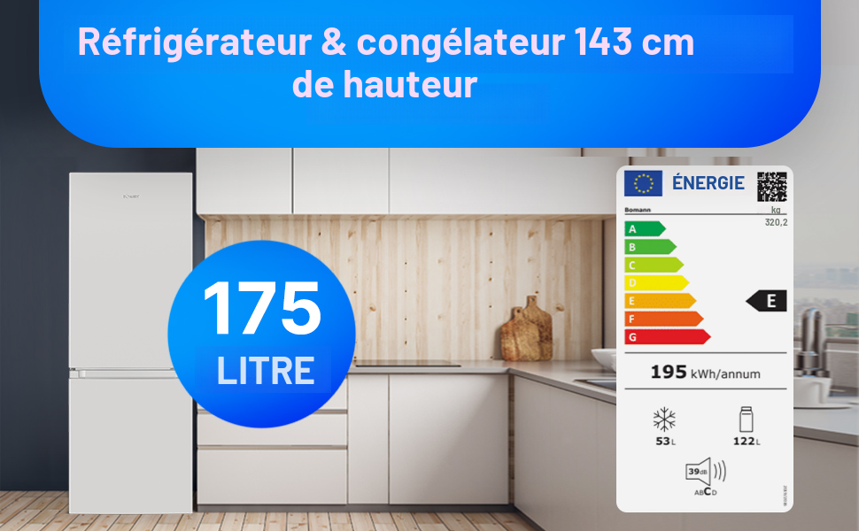 Le texte indique « Réfrigérateur & congélateur 143 cm de haut » et « 175 LITRES ». Plusieurs vues d'un réfrigérateur blanc dans les réglages de la cuisine avec les informations relatives à la cote énergétique visibles.