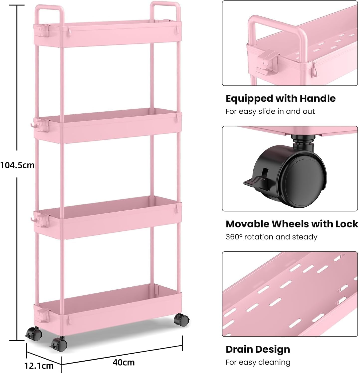 SOLEJAZZ - chariot de rangement 4 niveaux, roulettes, étroit, rose