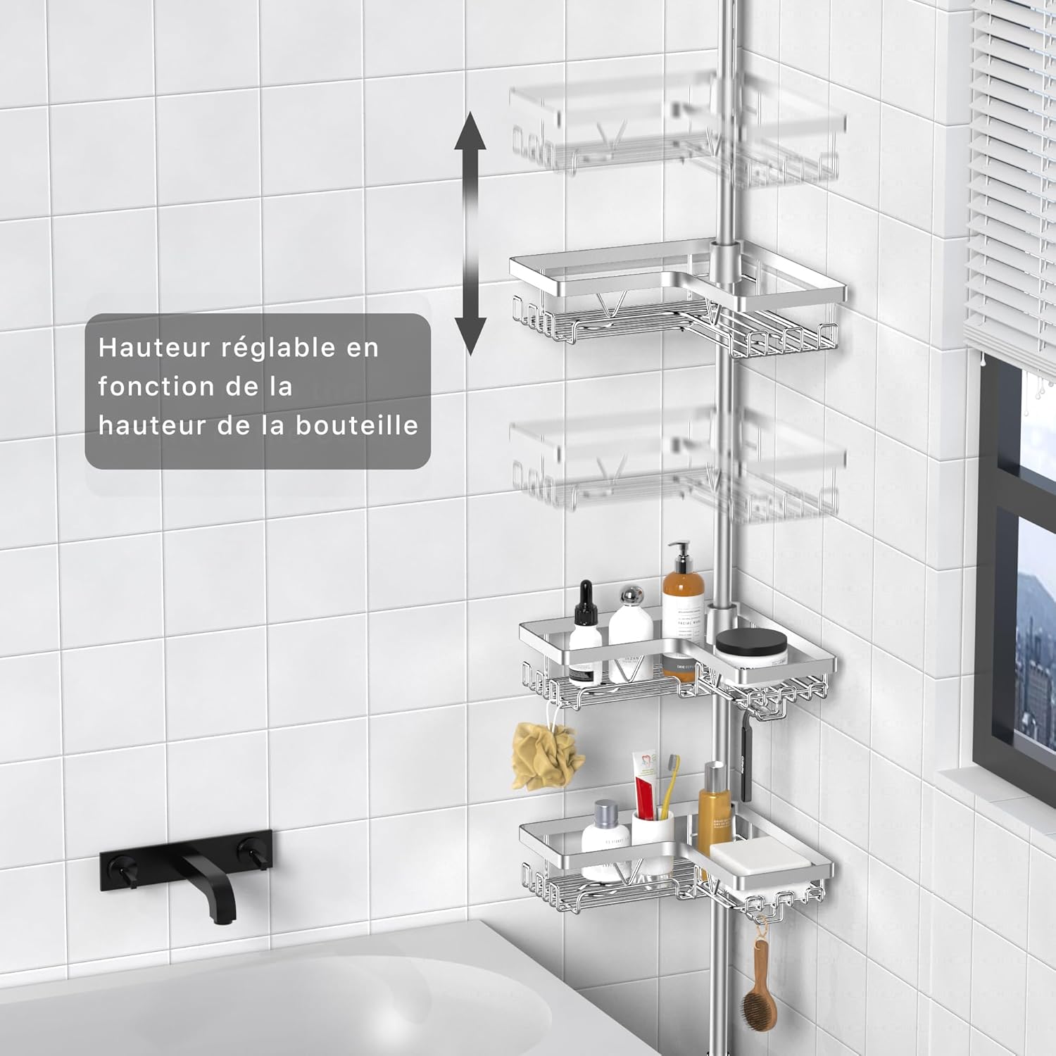 Kegii - étagère douche télescopique - hauteur réglable, 4 paniers - argent