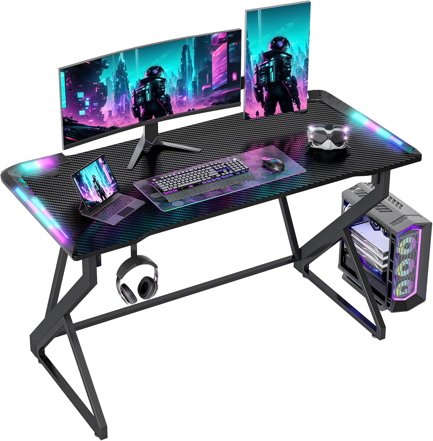 BEXEVUE - Armor - 120x50 cm - bureau gaming LED RGB, cadre Z, crochet casque