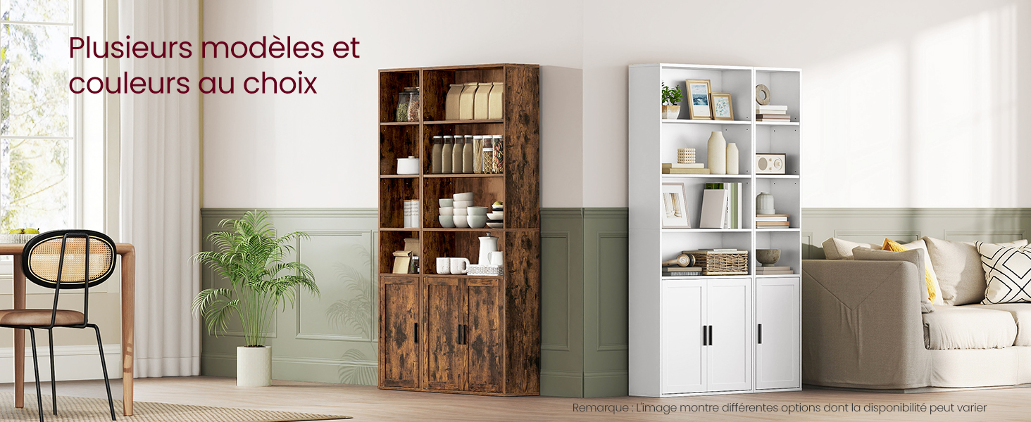 proposant des solutions de rangement blanches et boisées avec des étagères ouvertes et des combinaisons d'armoires dans un cadre lumineux