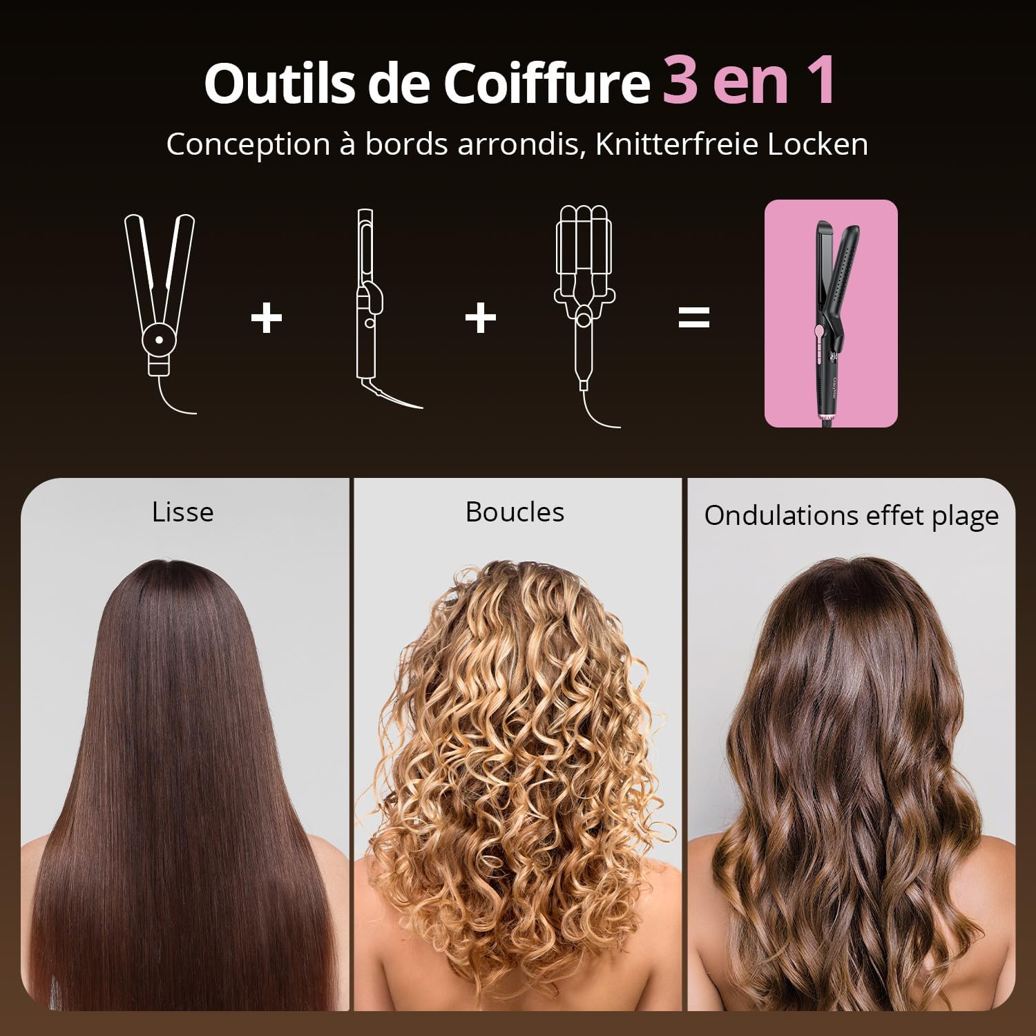 Lisseur boucleur 2-en-1 - 9 températures, ionique, cool air, 110-230°C, coiffure maison & voyage