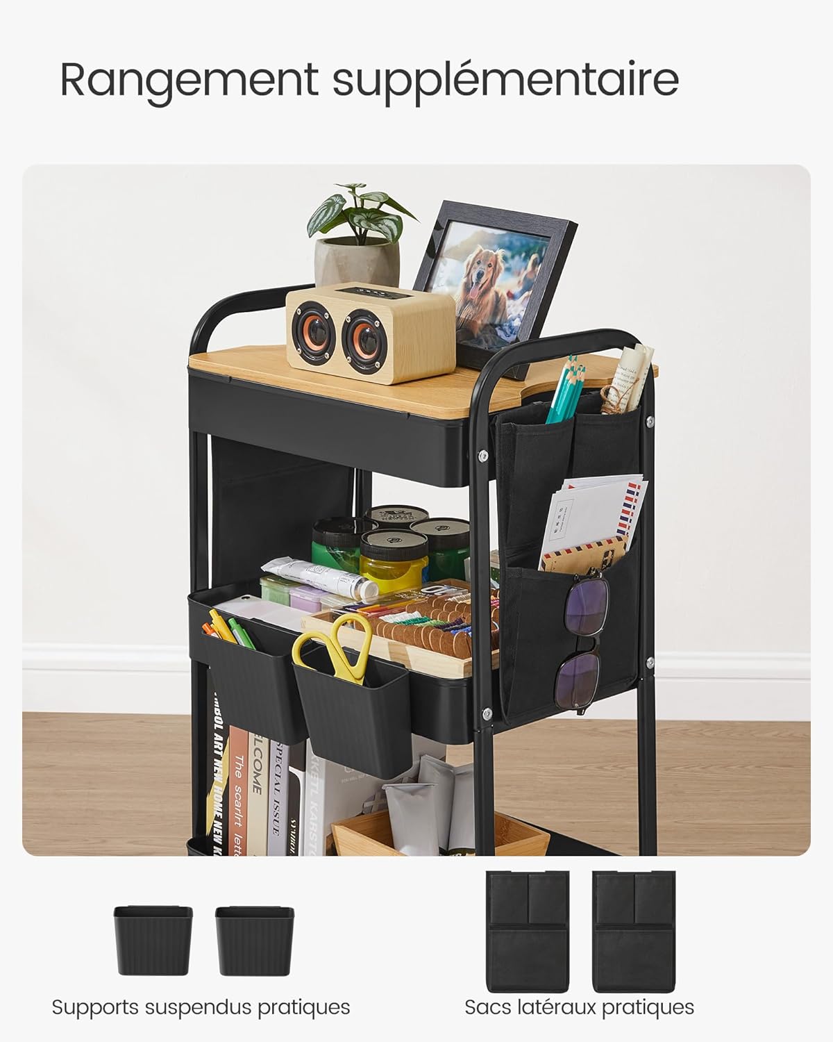 SONGMICS - chariot 3 niveaux avec table, pots et poches, noir - LRC036B01