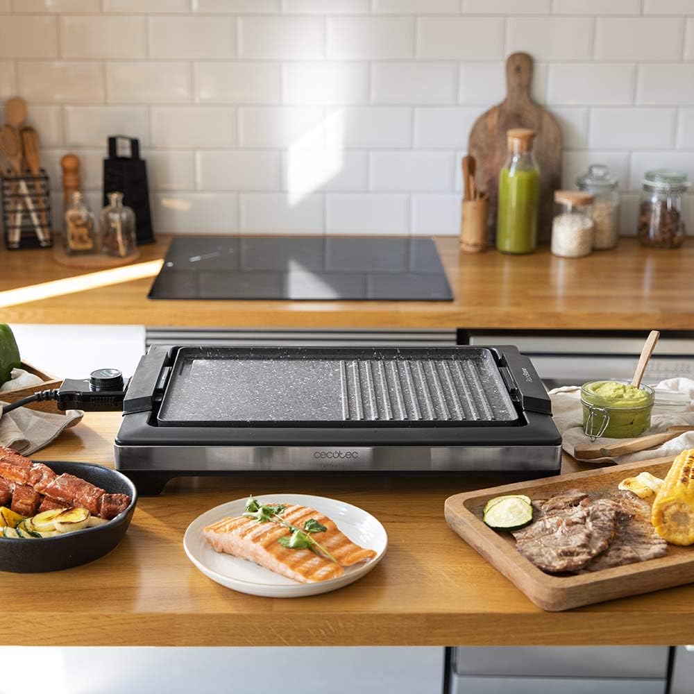 Cecotec - Tasty&Grill 2000 Inox - surface mixte - 2000W, thermostat réglable, revêtement RockStone