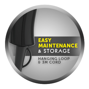 Le texte indique « ENTRETIEN ET STOCKAGE FACILES ». Conception d'image divisée circulaire en gris et noir.