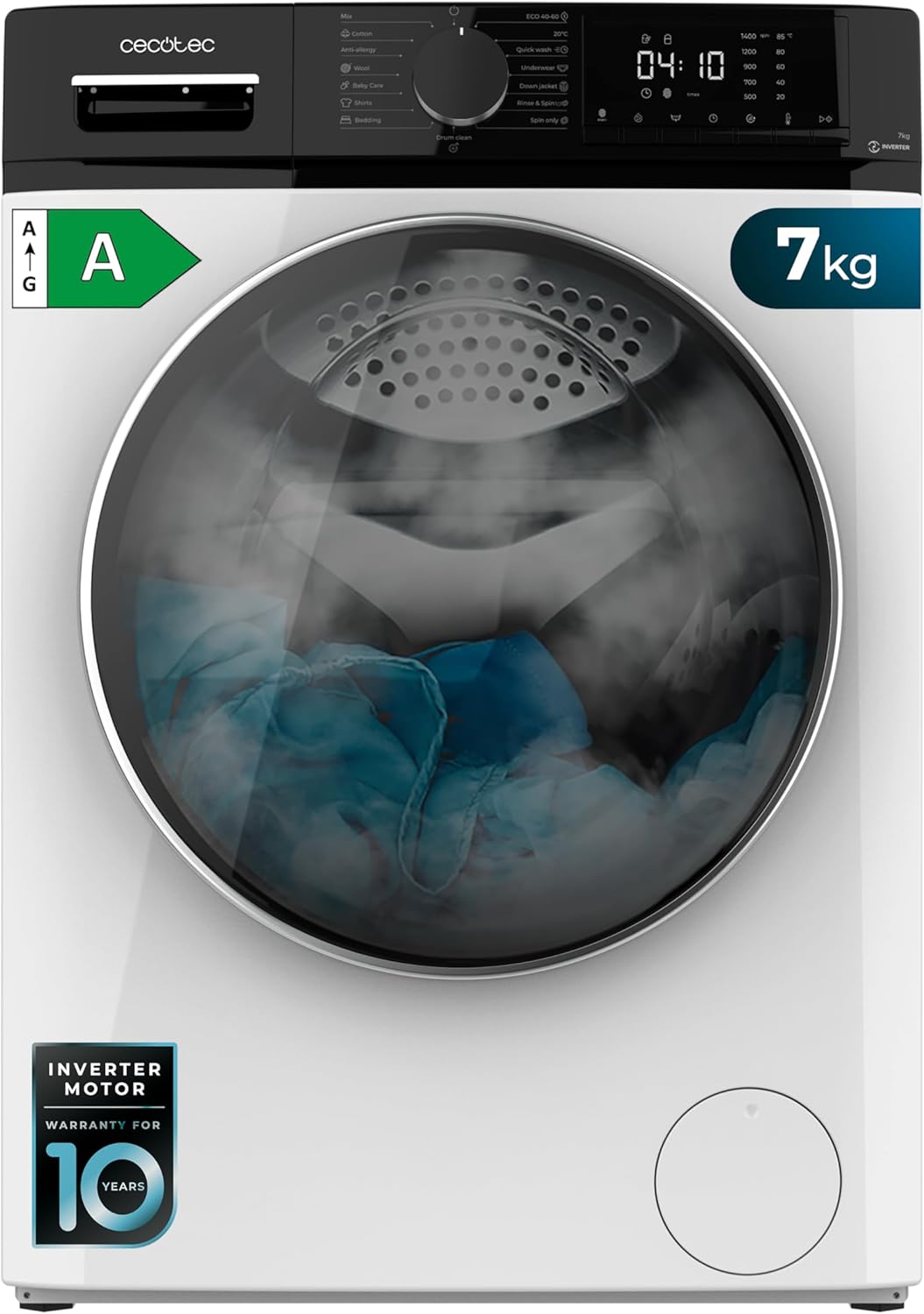 Cecotec - Bolero Dresscode (série 7610) - 7 kg, 1400 tr/min, Classe A, fonction vapeur, moteur Inverter Plus - 7610