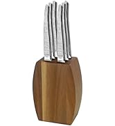 Ensemble de blocs à couteaux en bois illustré sous plusieurs angles, avec une base en bois naturel avec des fentes verticales contenant des couteaux en acier inoxydable.