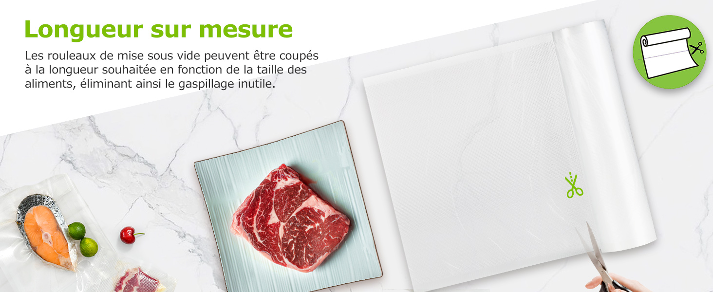 Le texte indique « Longueur sur mesure ». Images de démonstration du produit montrant un système de scellage sous vide pour le stockage des aliments contenant de la viande et d'autres articles.