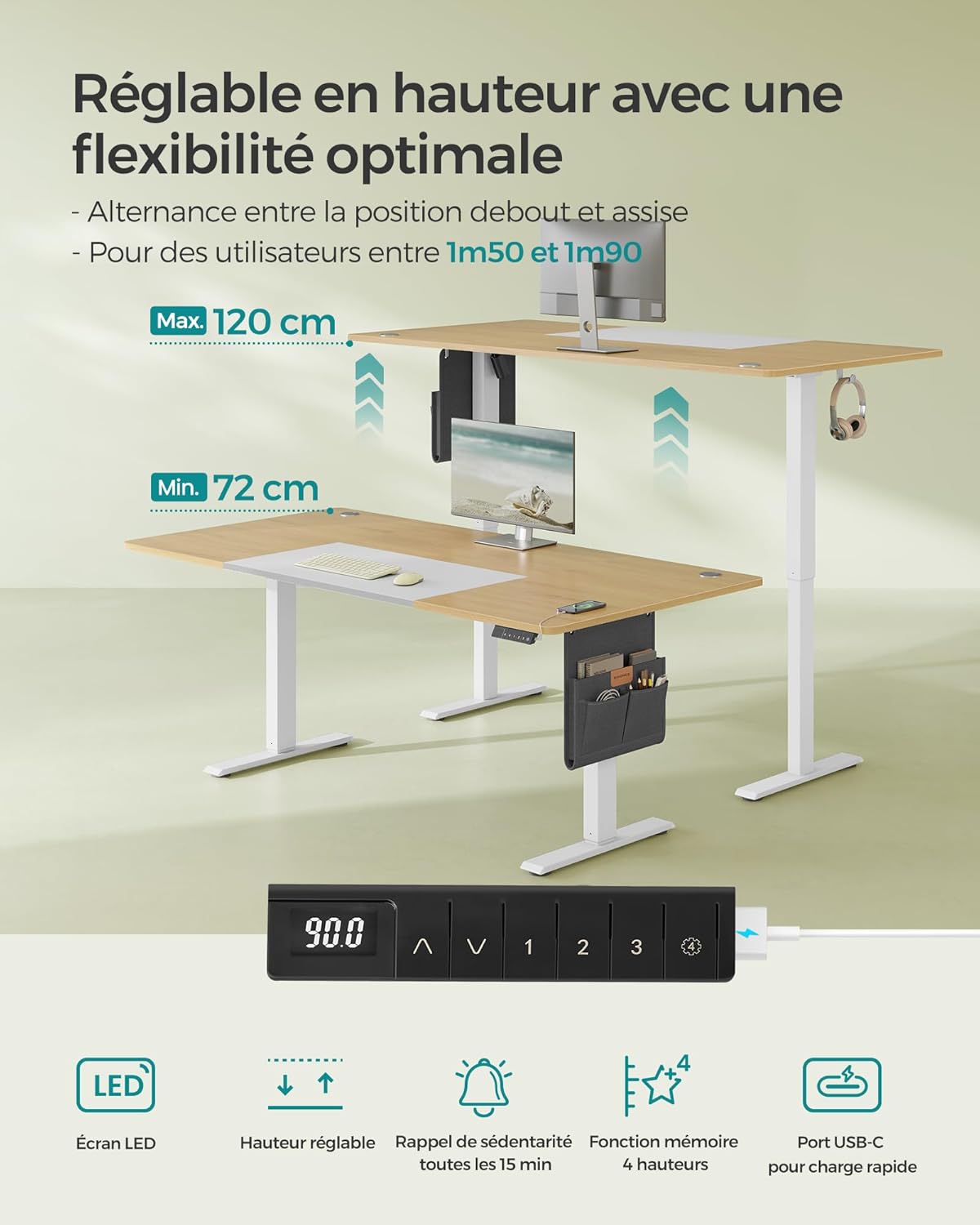 SONGMICS - bureau électrique assis-debout, 180x80cm, mémoire 4 hauteurs, port USB-C, LSD028YD02